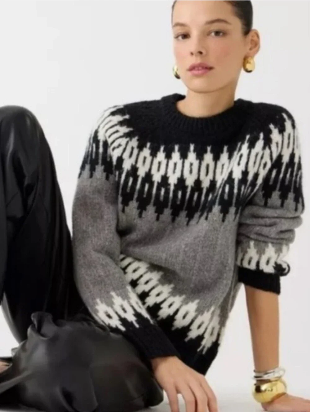 J. Crew Women’s Black, Gray & White Fair Isle Crewneck Wool & Alpaca Sweater XS